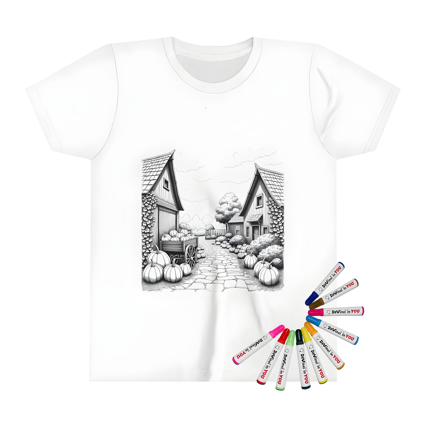 A kid's t-shirt featuring a colorful pumpkin patch design with stone paths and rustic cottages