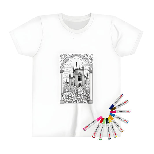 Kid's t-shirt with colorful cathedral illustration featuring gothic architecture, blooming roses, and an archway design