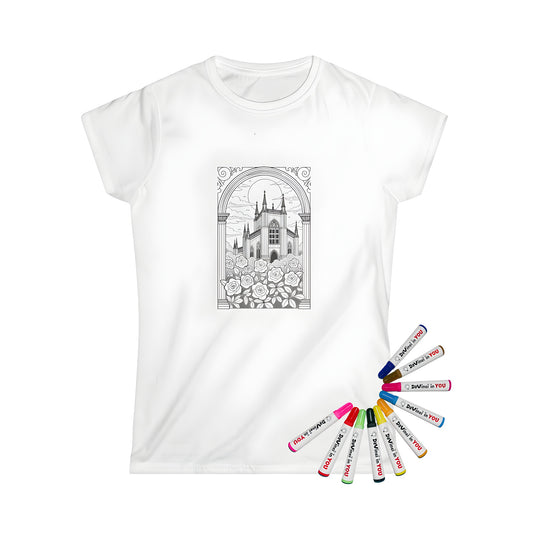 Women's t-shirt featuring a colorful cathedral design with gothic architecture and blooming roses, perfect for fans of architectural art and those who love to color.