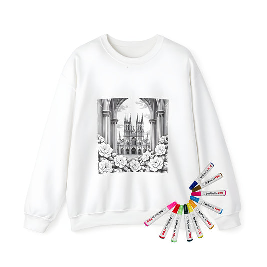 Adult sweatshirt featuring a stunning Gothic cathedral design with towering spires and blooming roses, perfect for fans of medieval architecture