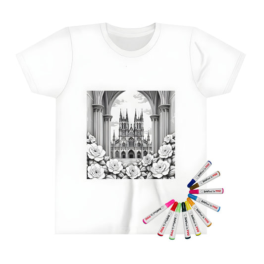 Kids' t-shirt featuring an architectural medieval cathedral design with tall spires, arched windows, and blooming flowers against a cloudy sky. Perfect for kids who love art and architecture.