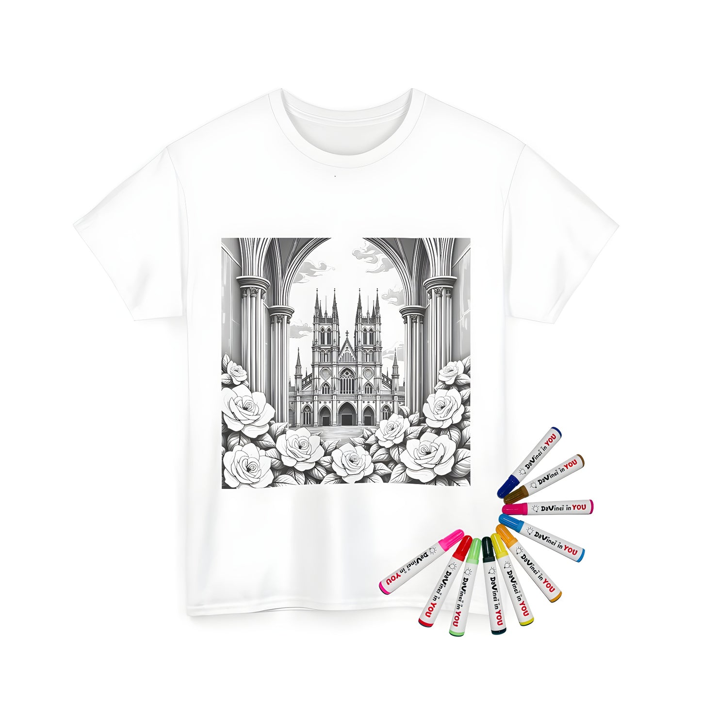 Stunning gothic cathedral art design on unisex t-shirt, featuring architectural arches and blooming roses