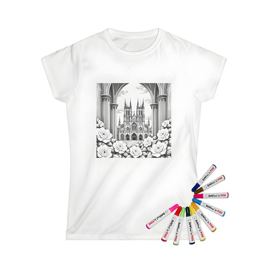 Women's t-shirt with stunning Gothic architecture design featuring a cathedral with towering spires and blooming roses