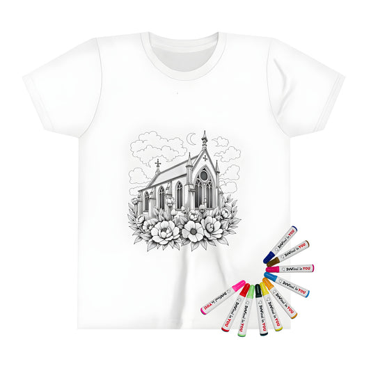 Kid's t-shirt with gothic-style church, flowers, and crescent moon illustration - ideal for kids' clothing, church-themed gifts