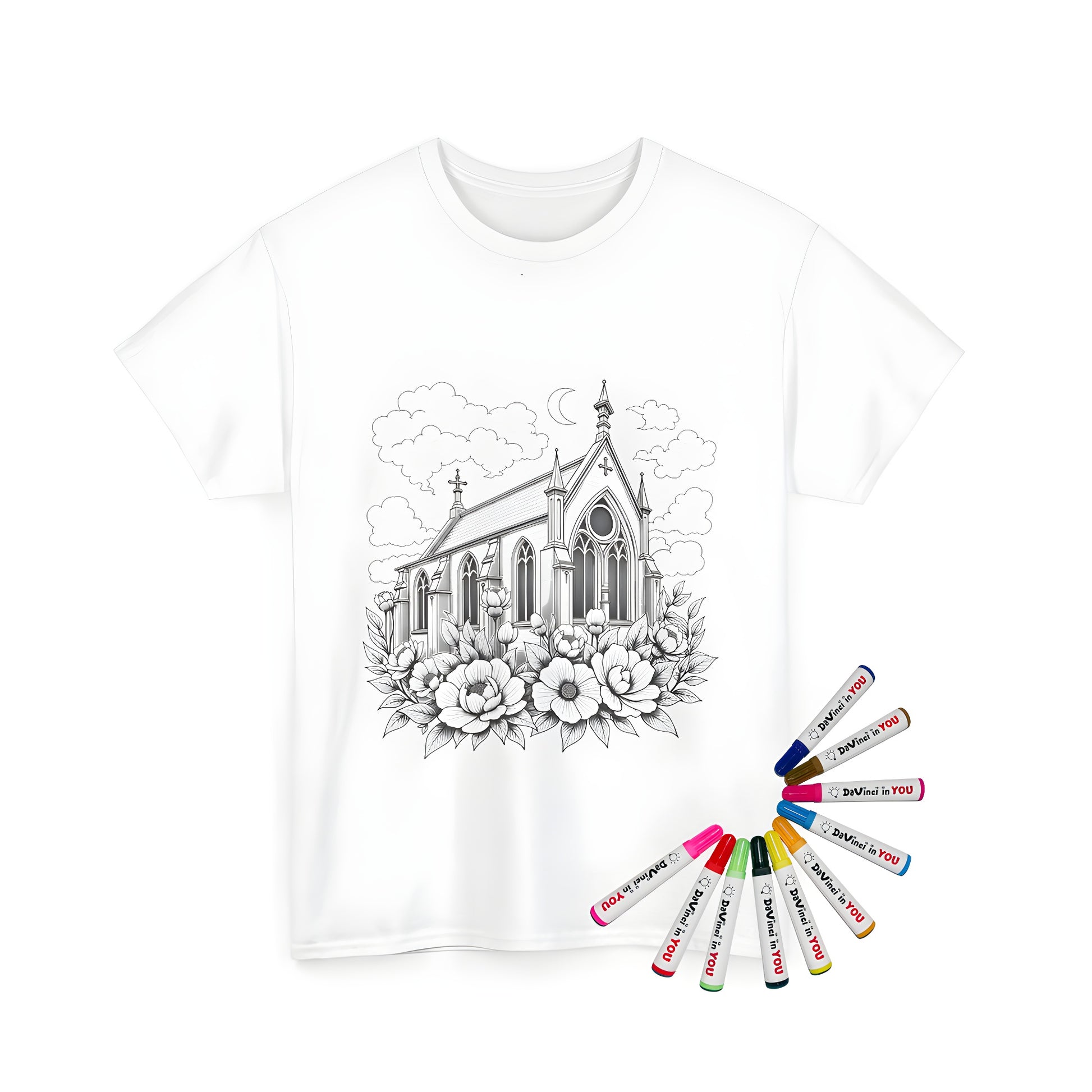 Unisex T-shirt with gothic-style church illustration and flowers