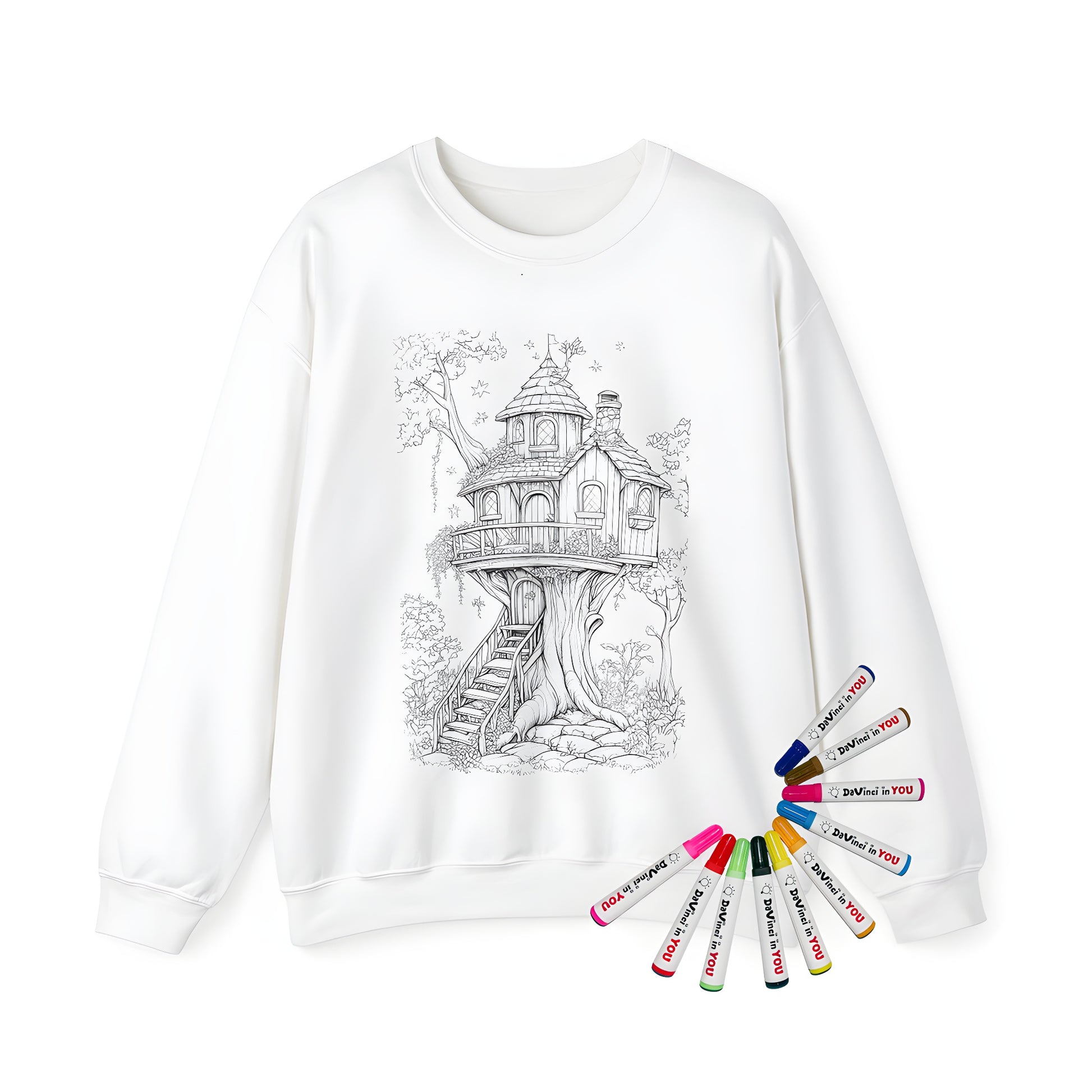 Adult sweatshirt featuring whimsical treehouse illustration with intricate details