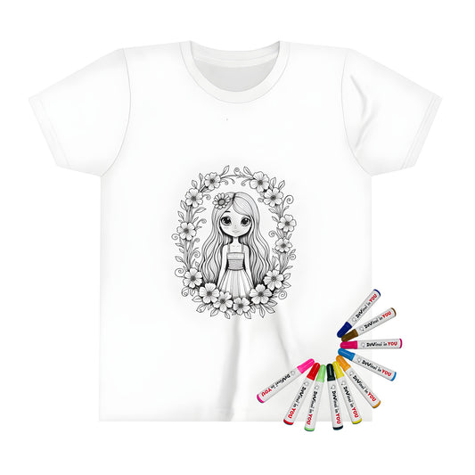 Kid's T-shirt with floral portrait design, featuring a colorful illustration of a girl with long hair adorned with floral decorations