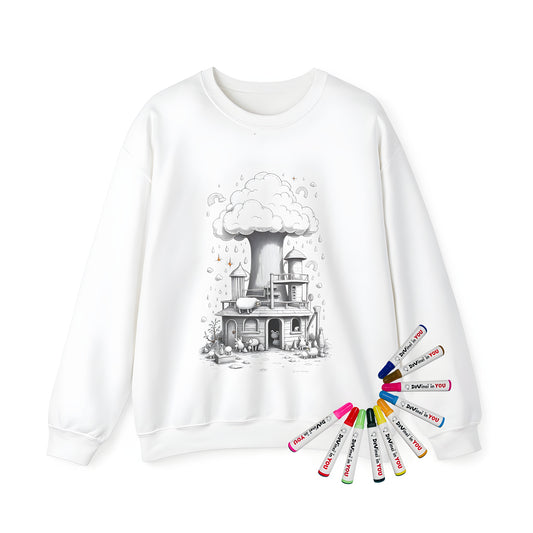 Adult sweatshirt with whimsical treehouse surrounded by cartoon animals and clouds