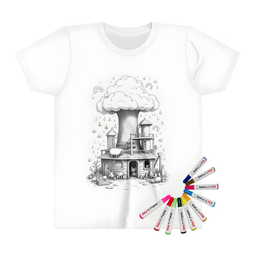 Colorful kid's t-shirt featuring whimsical treehouse designs surrounded by cartoon animals and dreamlike clouds