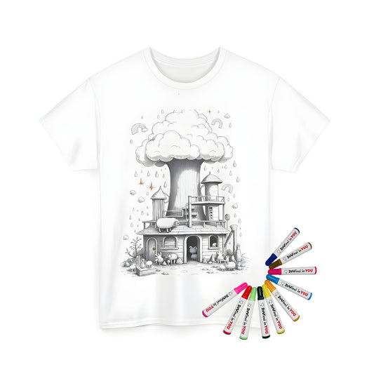 A whimsical treehouse surrounded by cute cartoon animals and dreamlike clouds on a unisex t-shirt. Raindrops and simple rainbows add to the fantastical atmosphere, creating a charming, cozy scene.