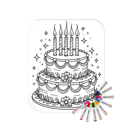 Blanket with a colorful birthday cake design, featuring candles, flowers, and decorative patterns