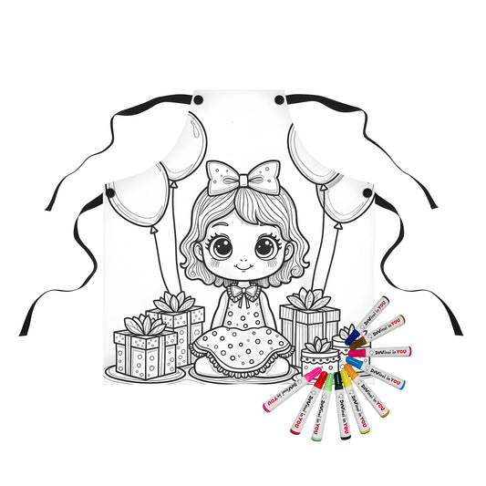 Colorful apron for kids featuring a cute girl at a birthday celebration