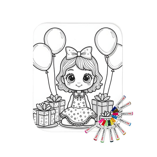 Colorful birthday blanket with cute girl and balloons