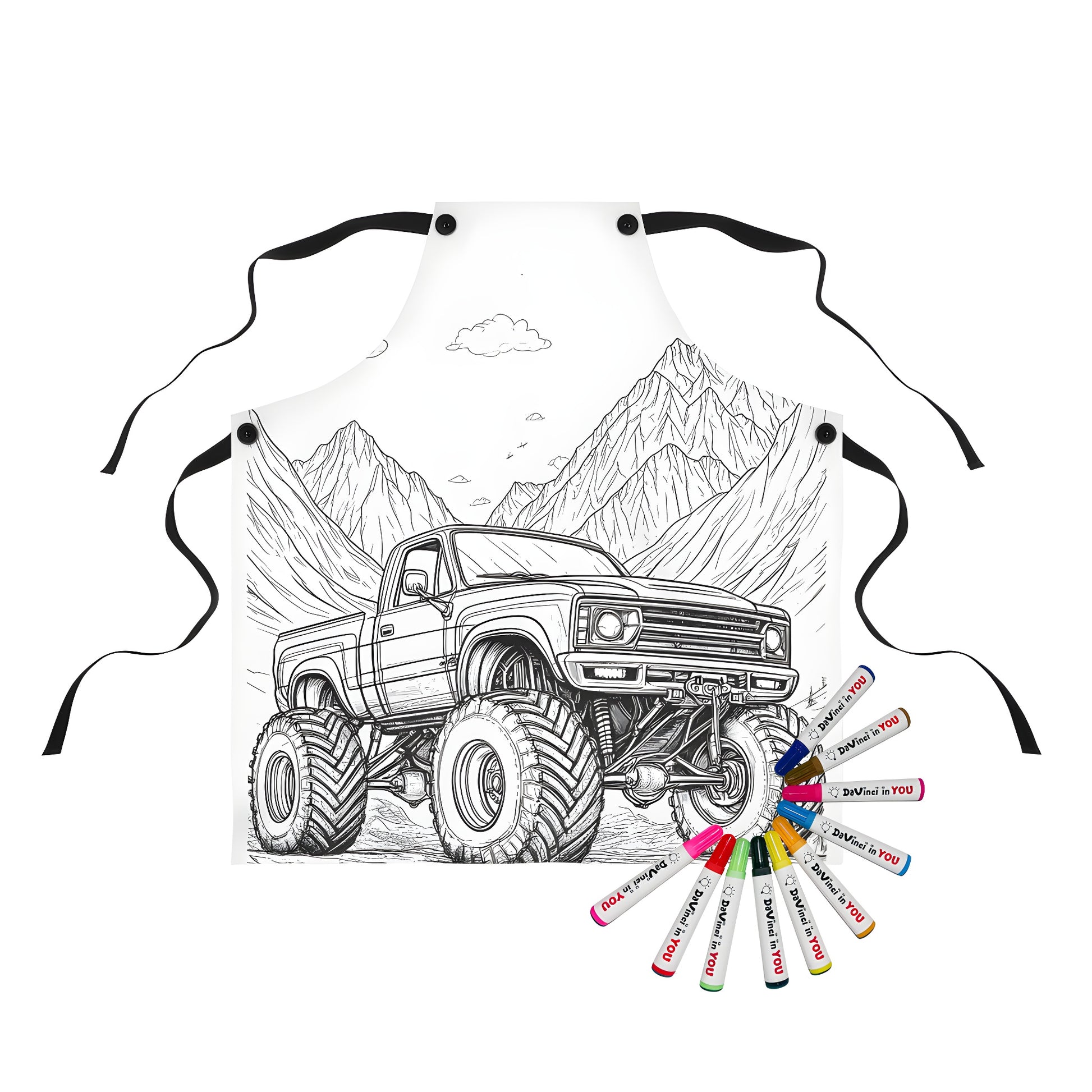 Apron with detailed drawing of dune buggy, monster car, off-road vehicle, racing truck and rugged terrain