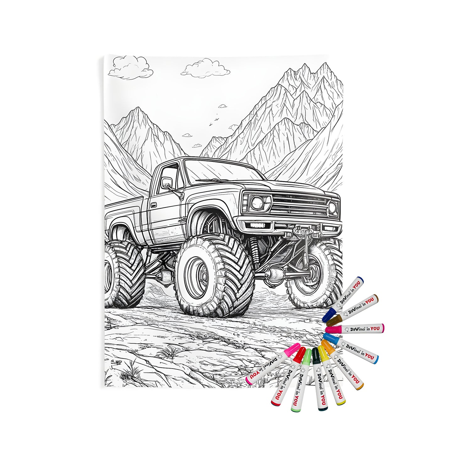 Large Monster Truck artwork printed on Indoor Wall Tapestry with colorful fabric markers