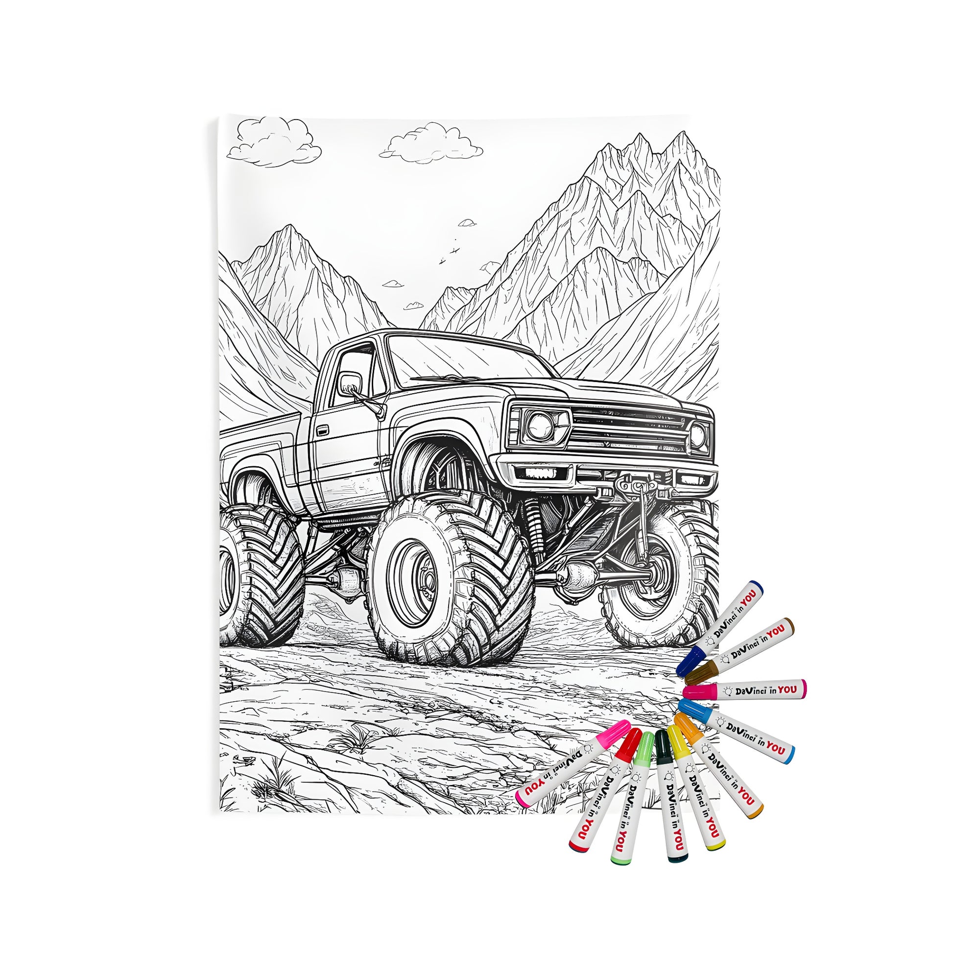Large Monster Truck artwork printed on Indoor Wall Tapestry with colorful fabric markers
