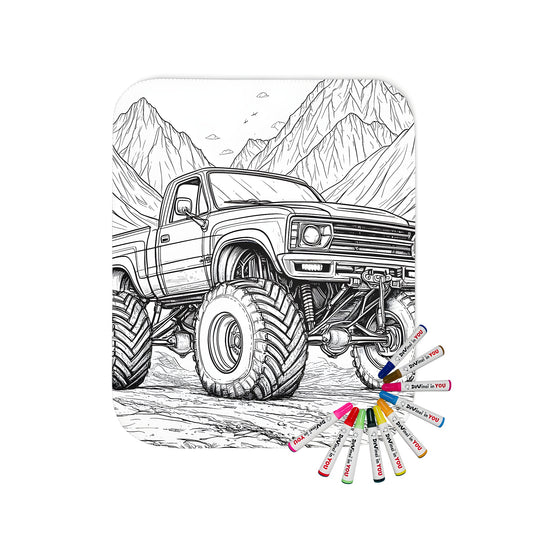 Coloring kit blanket featuring a detailed drawing of a truck with large wheels against a backdrop of mountains and clouds.