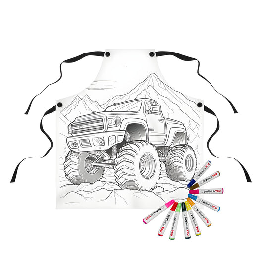 Apron with colorful truck design, featuring oversized wheels and a scenic mountain landscape
