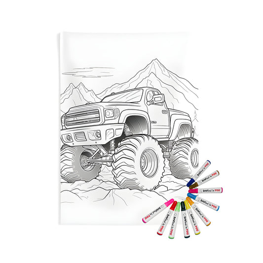 Large scale monster truck art print on indoor wall tapestry