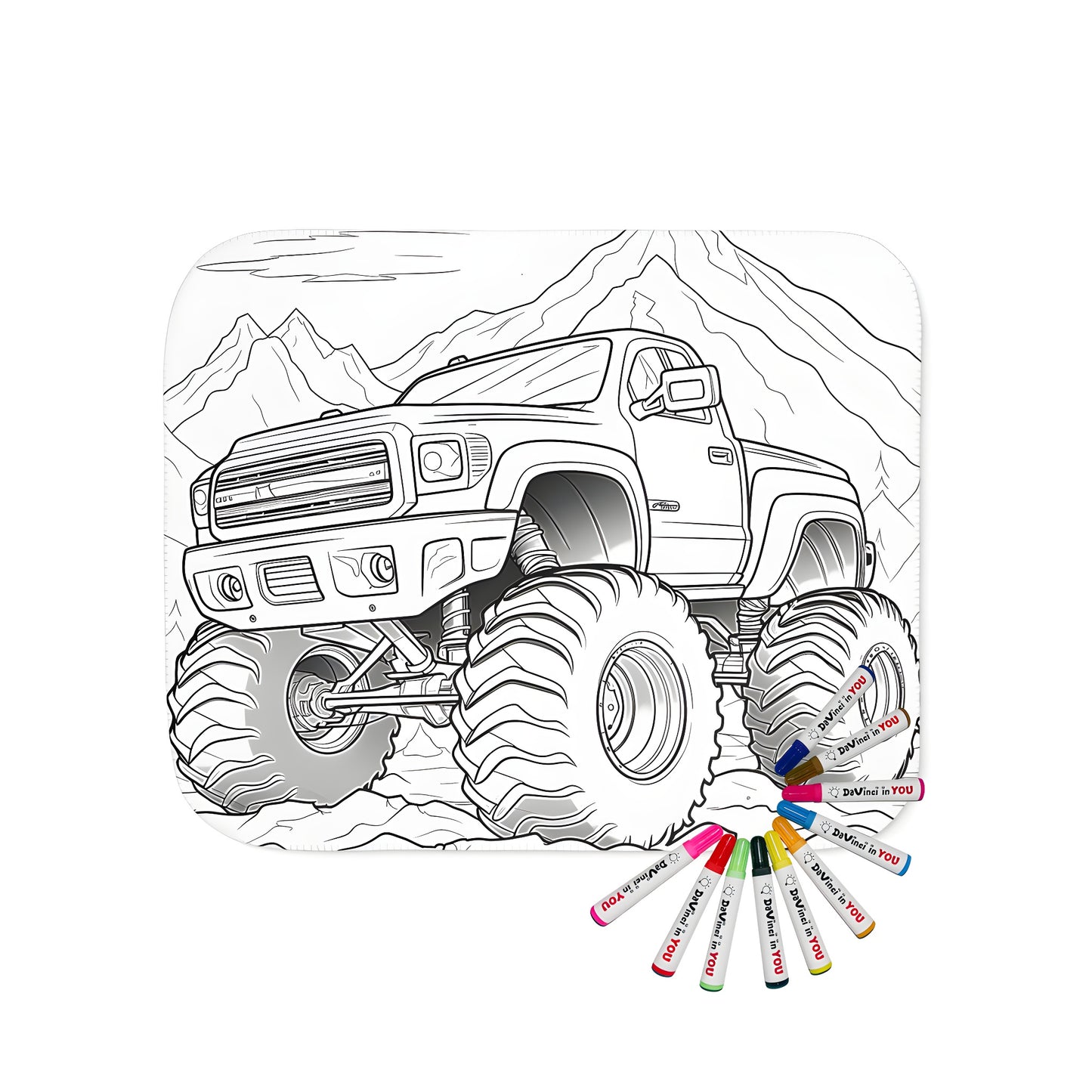 A cozy blanket with a fun and colorful monster truck design, featuring oversized wheels against a scenic mountain landscape