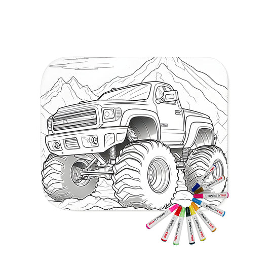 A cozy blanket with a fun and colorful monster truck design, featuring oversized wheels against a scenic mountain landscape