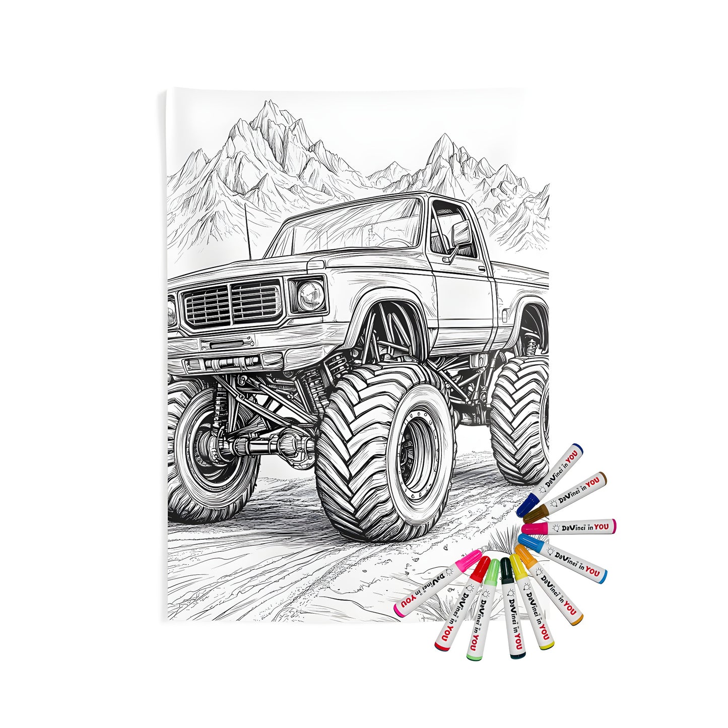 Indoor wall tapestries with vibrant coloring kit for off-road enthusiasts featuring a detailed drawing of a monster truck in a mountainous landscape.