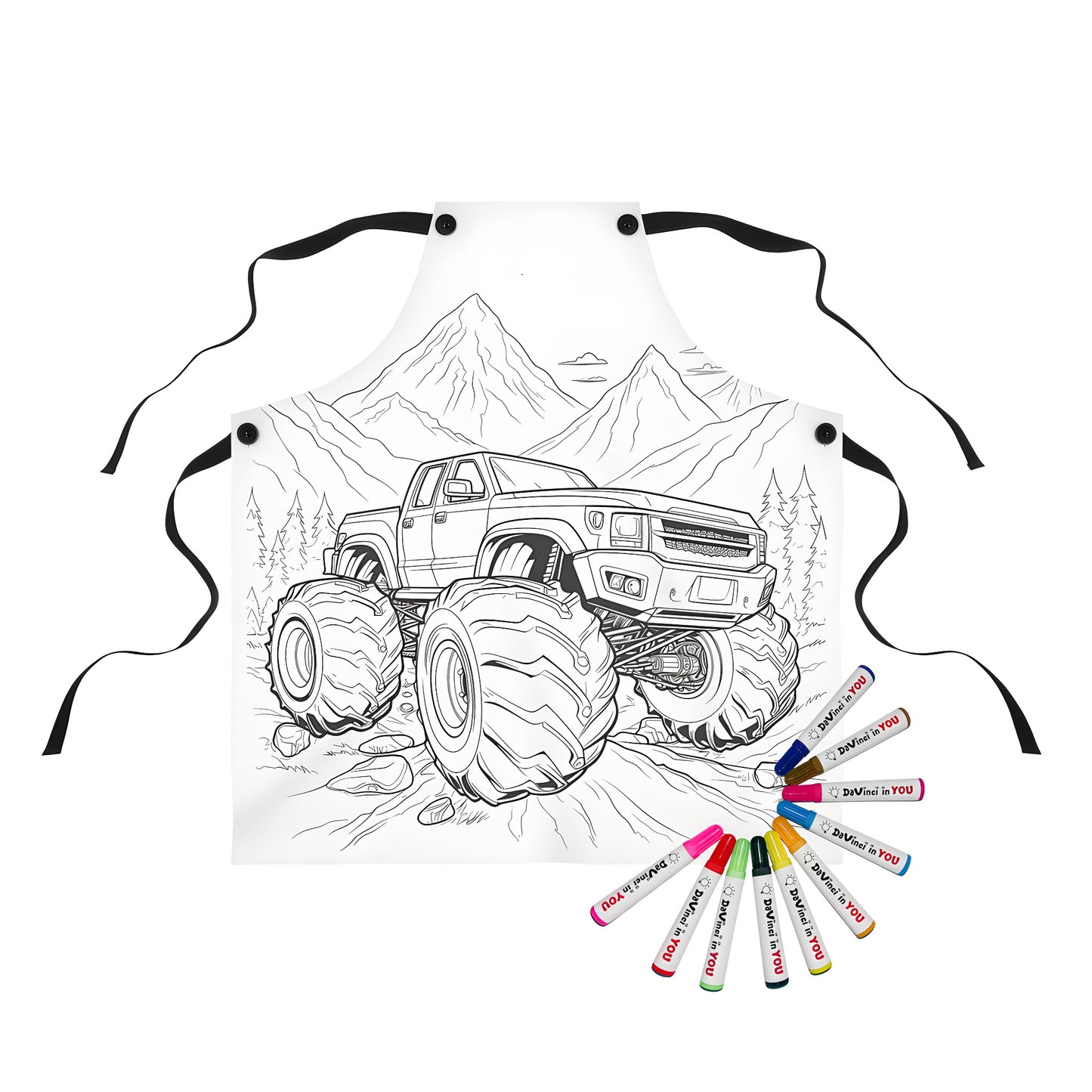 Colorful off-road adventure apron for kids featuring a monster truck on a rocky terrain