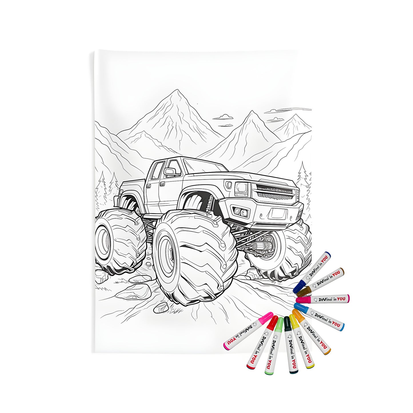 Indoor wall tapestry coloring kit with fabric markers featuring a monster truck on an off-road adventure, mountainous terrain and desert landscape