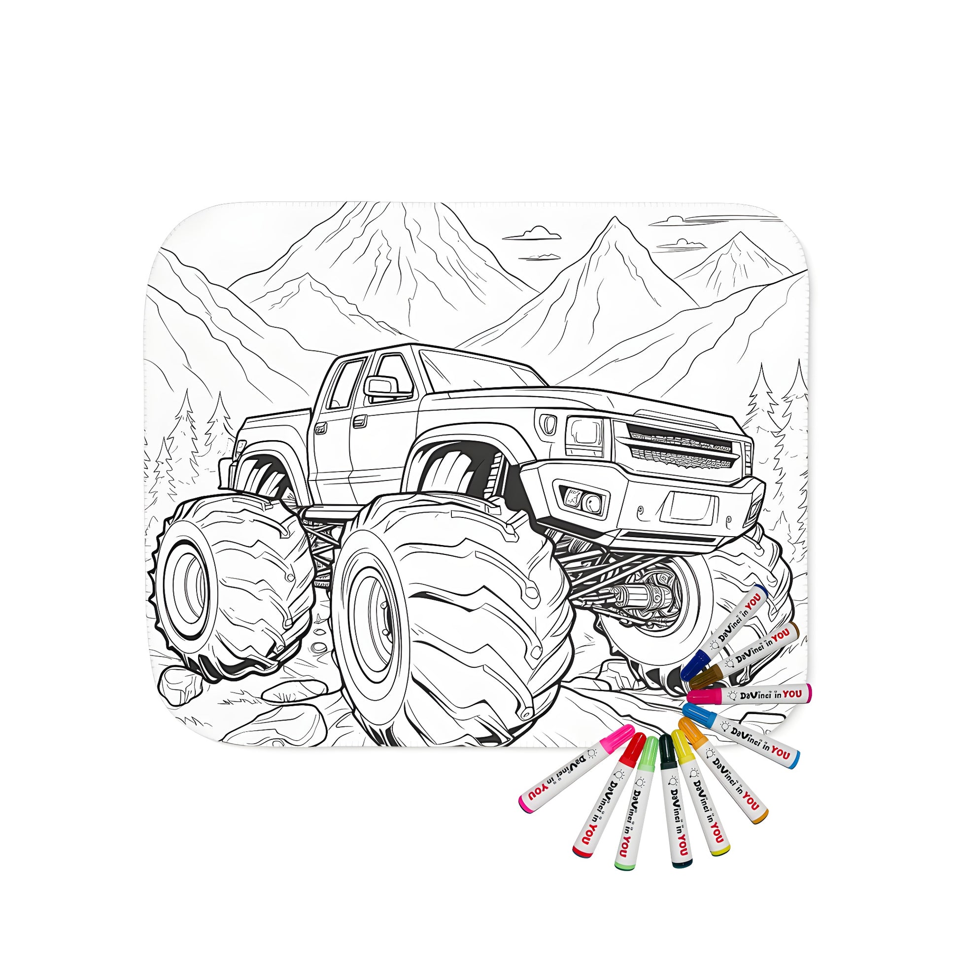 Blanket featuring a fun off-road adventure scene with a monster truck navigating through mountains and rocky terrain