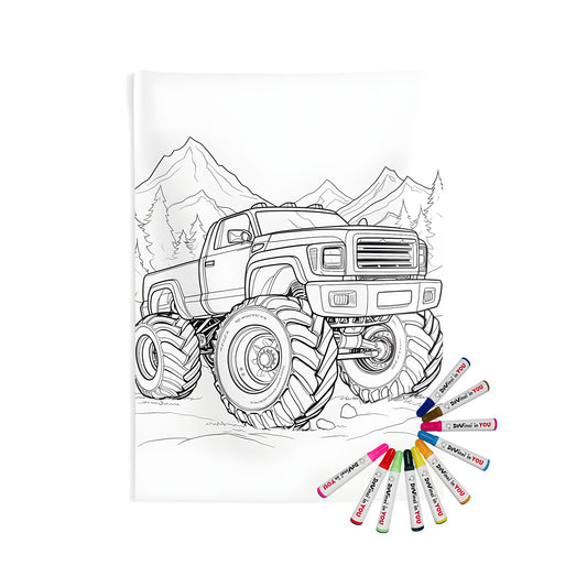 A detailed indoor wall tapestry featuring an off-road monster truck design, perfect for adventure enthusiasts and kids who love cars. Includes 10 fabric markers for creative coloring.