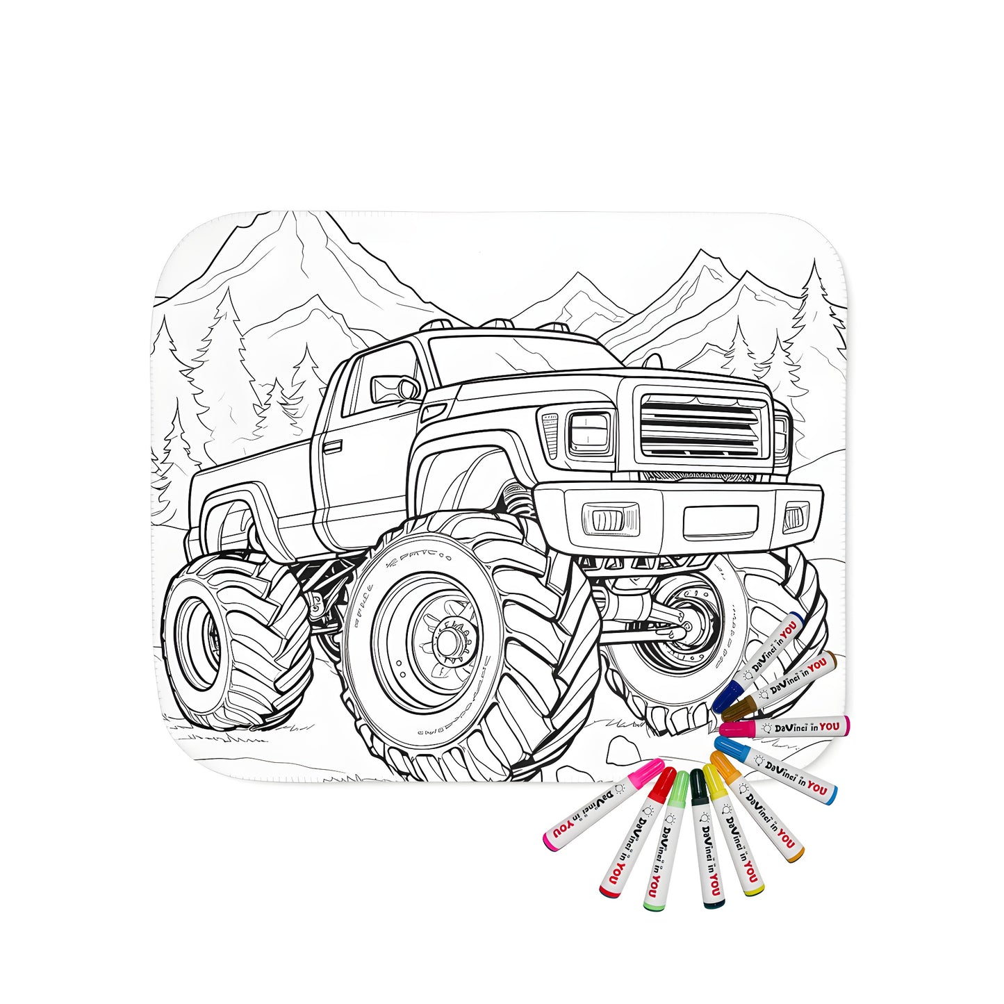 Cozy blanket featuring a detailed off-road truck design for kids, perfect for coloring and snuggling up