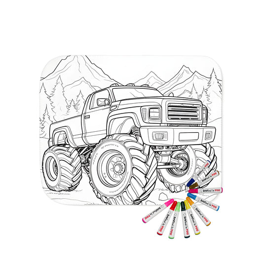 Cozy blanket featuring a detailed off-road truck design for kids, perfect for coloring and snuggling up