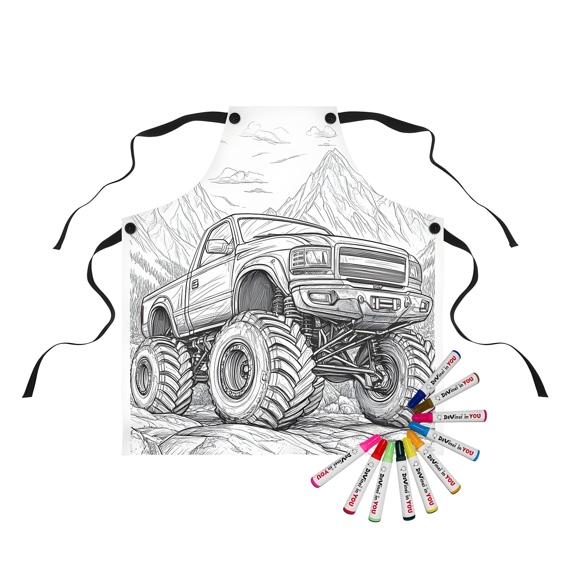 Detailed monster truck design apron for kids and adults alike featuring rugged terrain and majestic mountains - perfect for coloring enthusiasts