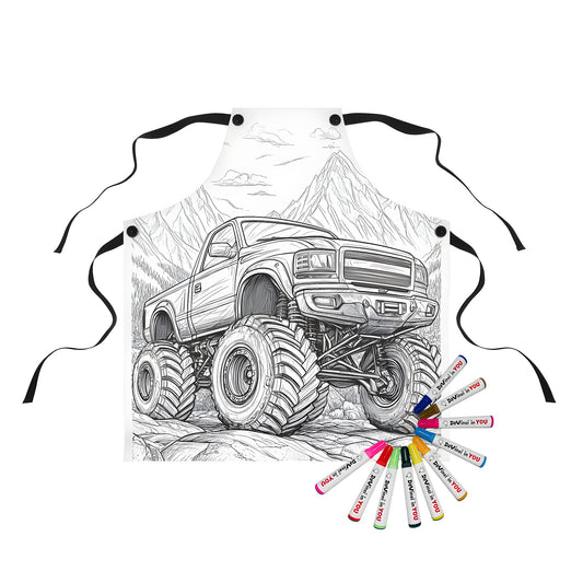 Detailed monster truck design apron for kids and adults alike featuring rugged terrain and majestic mountains - perfect for coloring enthusiasts