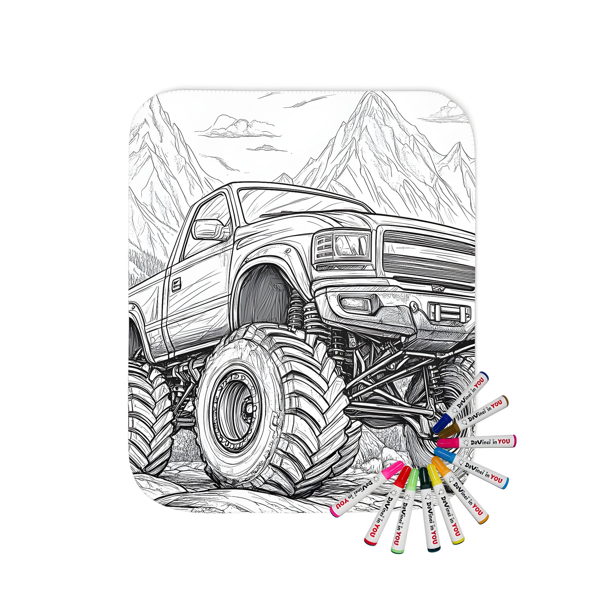 A cozy blanket featuring a detailed coloring page design of a semi-truck or dumper truck navigating rocky terrain with majestic mountains in the background.