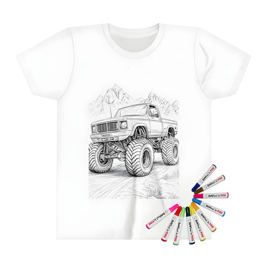 Colorful kid's t-shirt featuring a fun monster truck design with oversized tires and a mountainous landscape. Perfect for off-roading enthusiasts and fans of extreme vehicles.