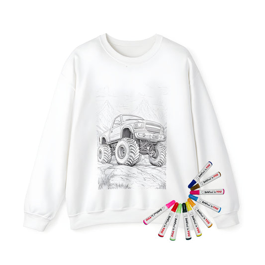 Adult sweatshirt featuring a detailed coloring page of a monster truck on rocky terrain with mountains