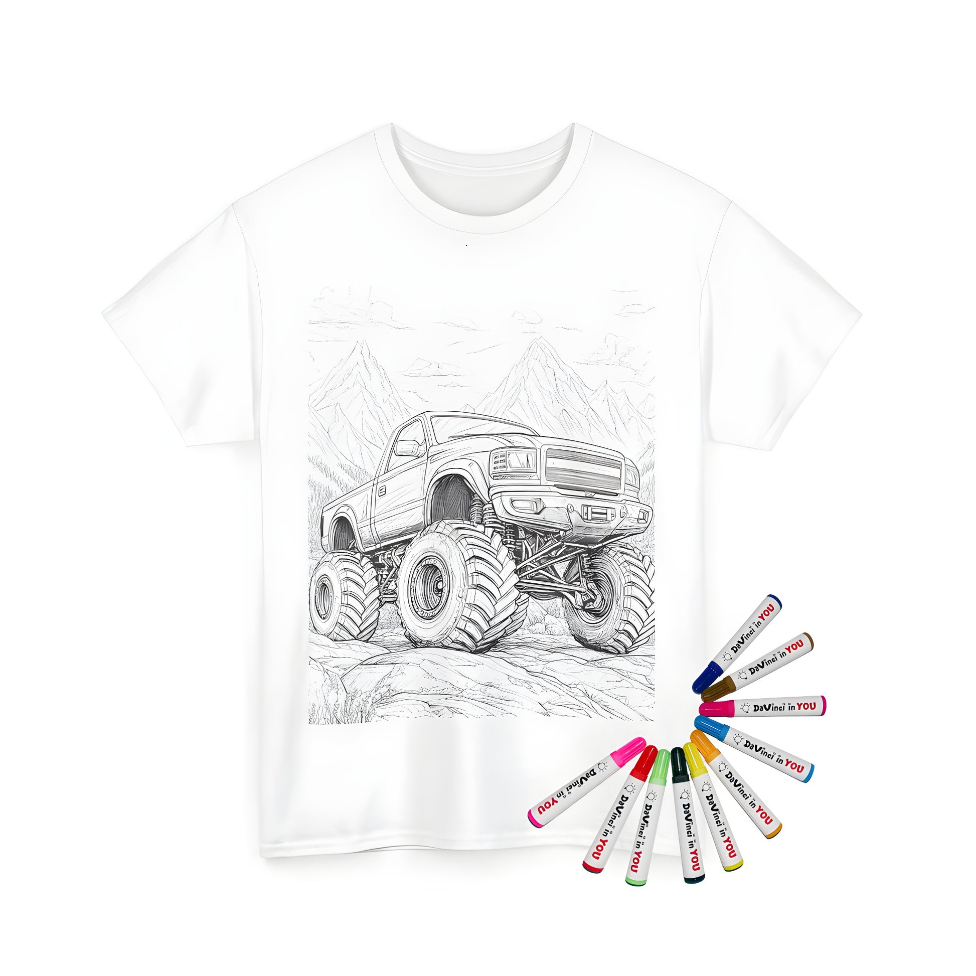 Unisex t-shirt with monster truck coloring page design