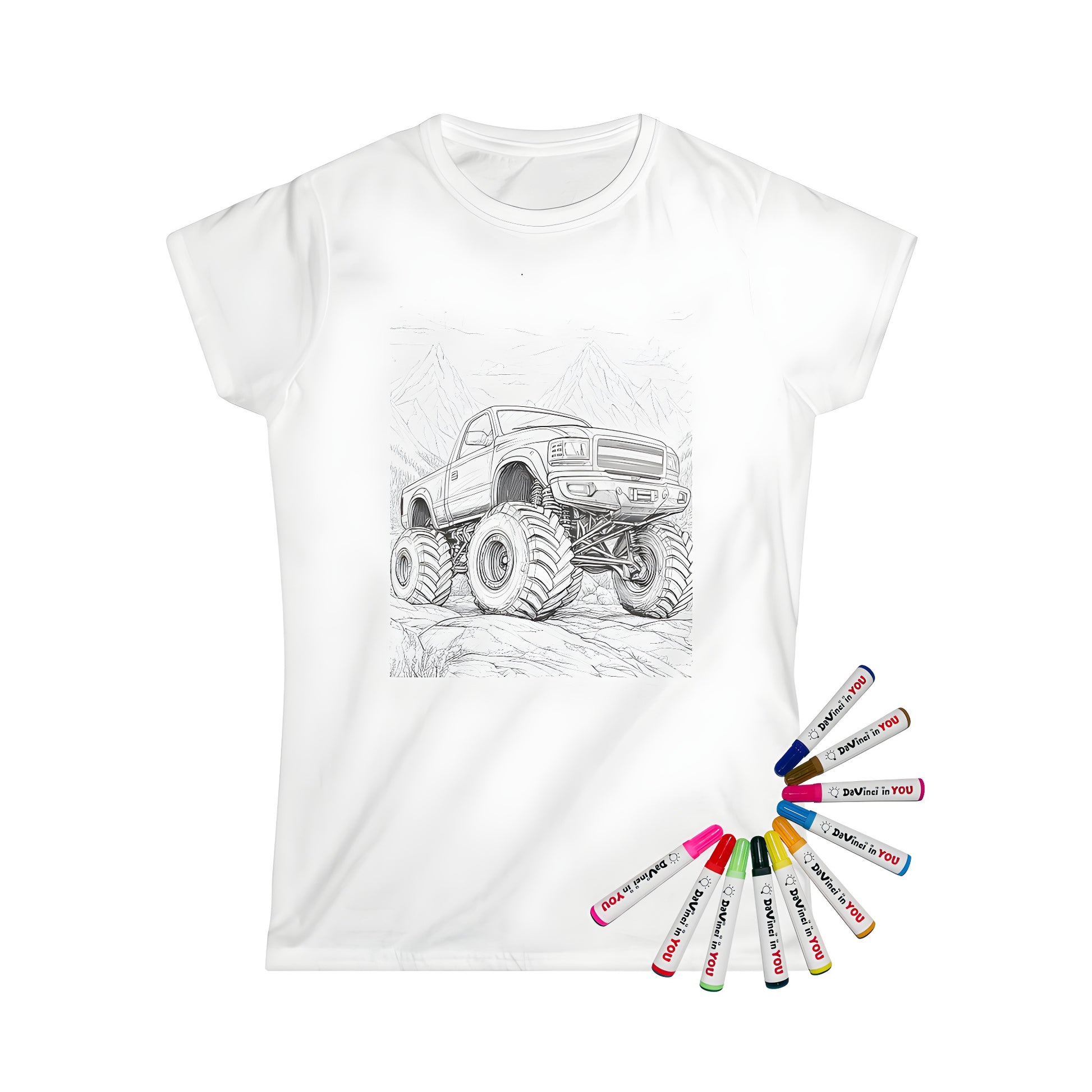 Women's t-shirt with vibrant coloring page of monster truck on rocky terrain and majestic mountains background