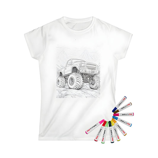 Women's t-shirt with vibrant coloring page of monster truck on rocky terrain and majestic mountains background