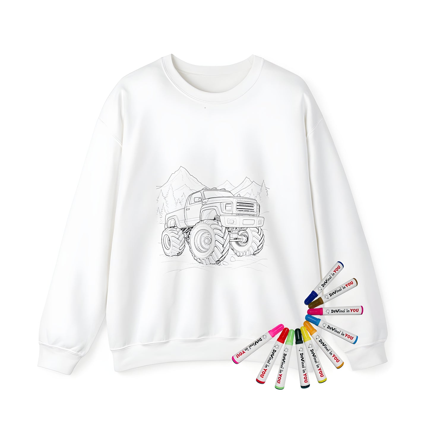 Adult sweatshirt featuring an off-road monster truck design with mountains and trees