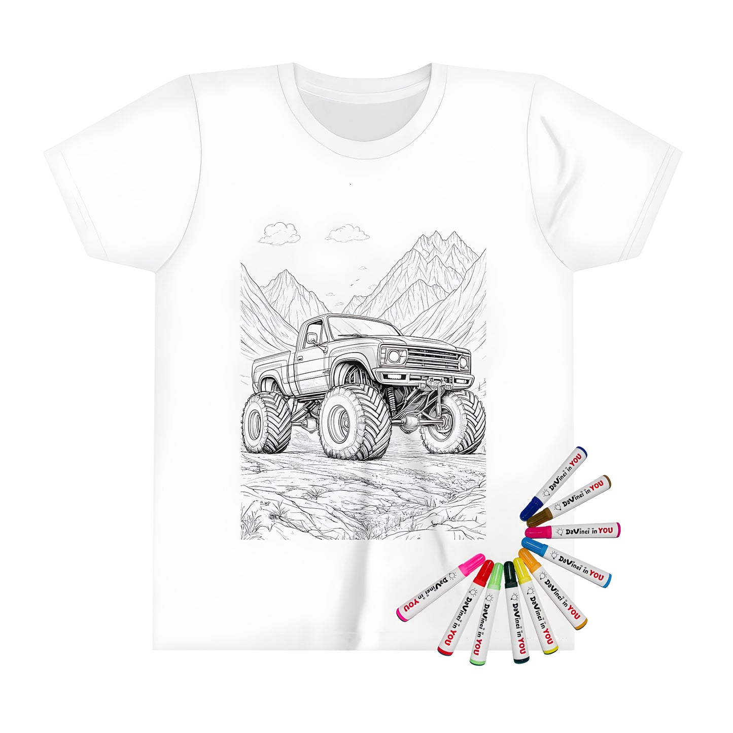 Detailed monster truck drawing on a kid's t-shirt for coloring and fun