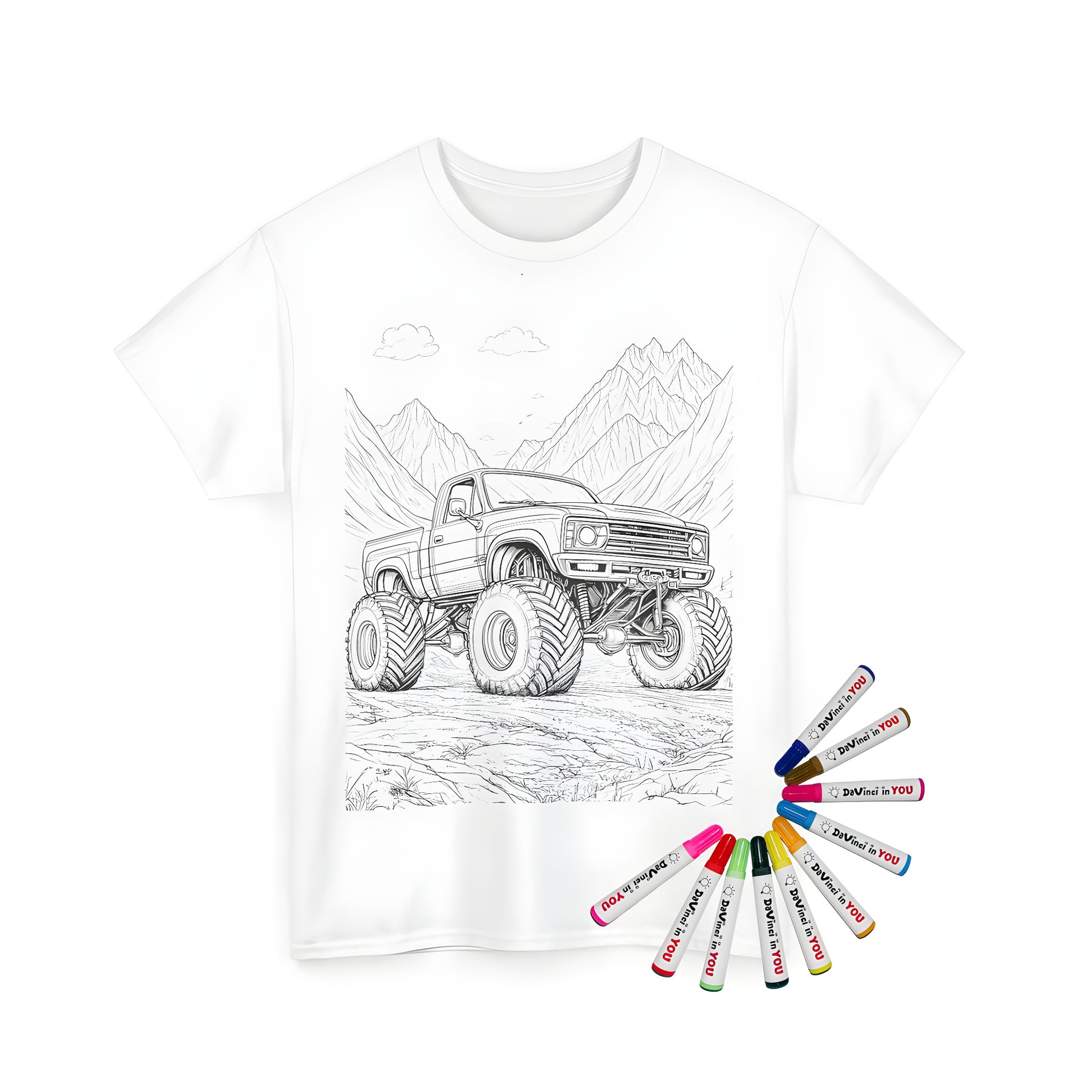 A detailed drawing of a big rig truck with large wheels set against a backdrop of mountains and clouds printed on a unisex t-shirt. Fun kids' coloring kit contents: 10 fabric markers