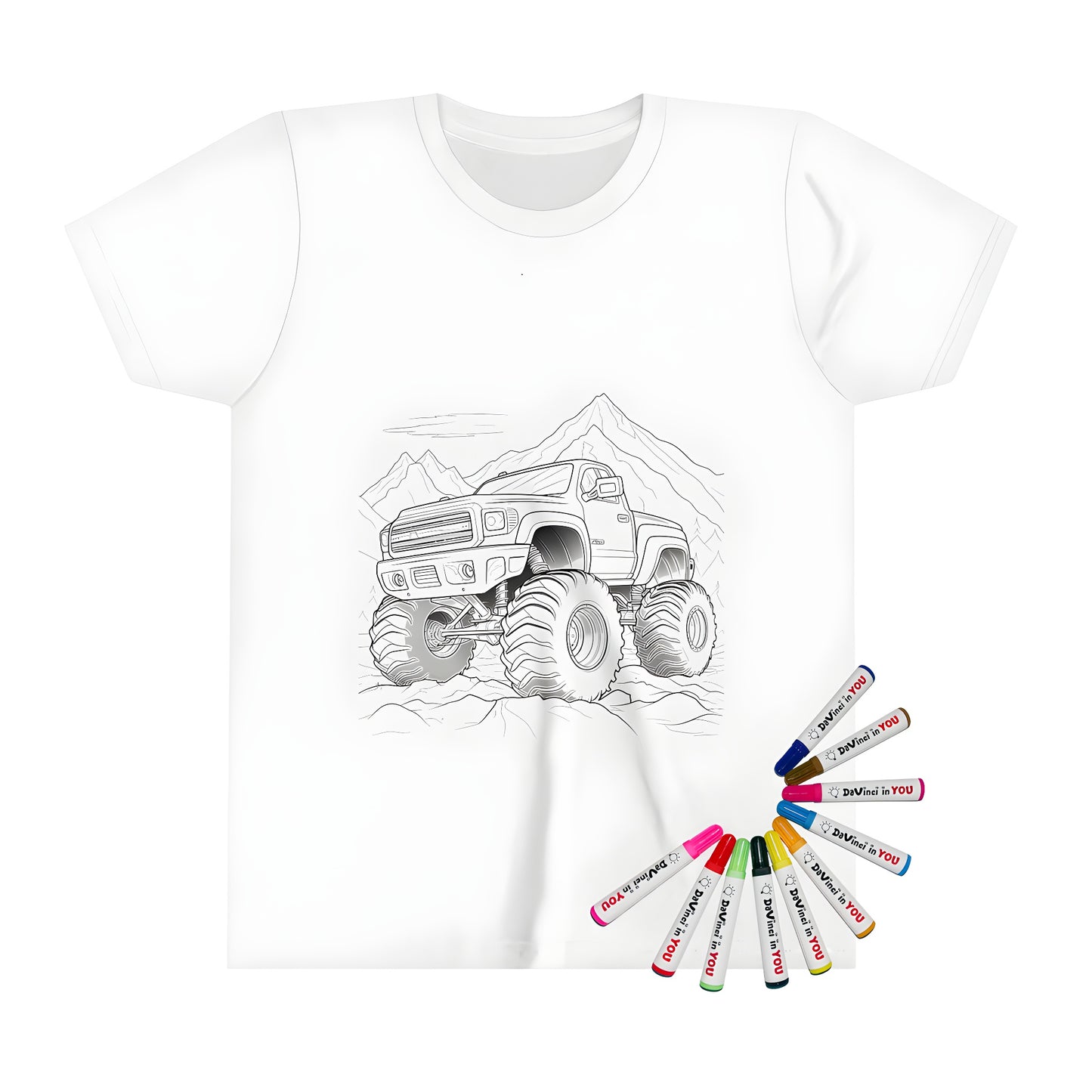 A vibrant kid's t-shirt with an eye-catching monster truck design featuring oversized wheels and standing against a scenic mountain landscape