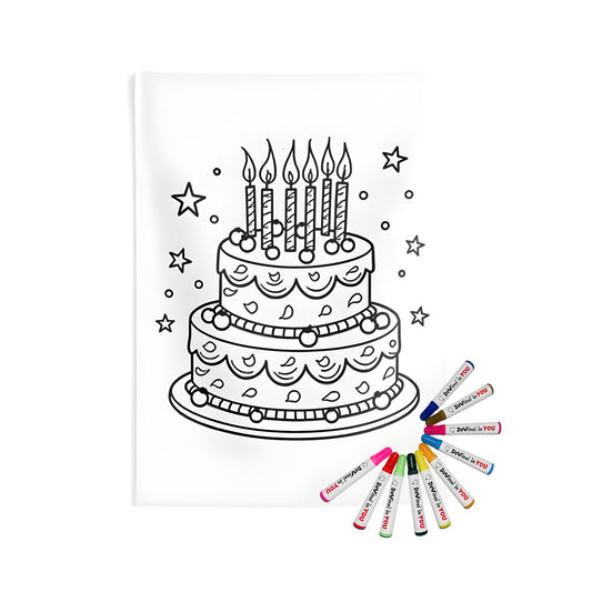 Wall tapestry design featuring an illustration of a birthday cake