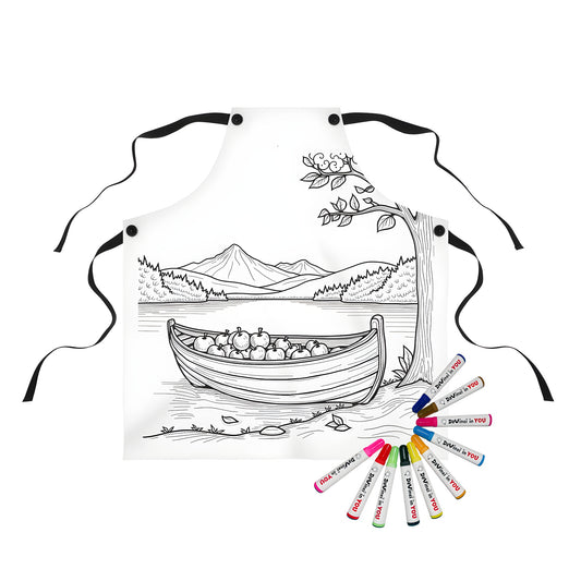 Serene lakeside scene apron with boat and apples, tree and mountain backdrop