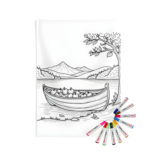 Serene lakeside wall hanging, boat with apples, tree and mountains