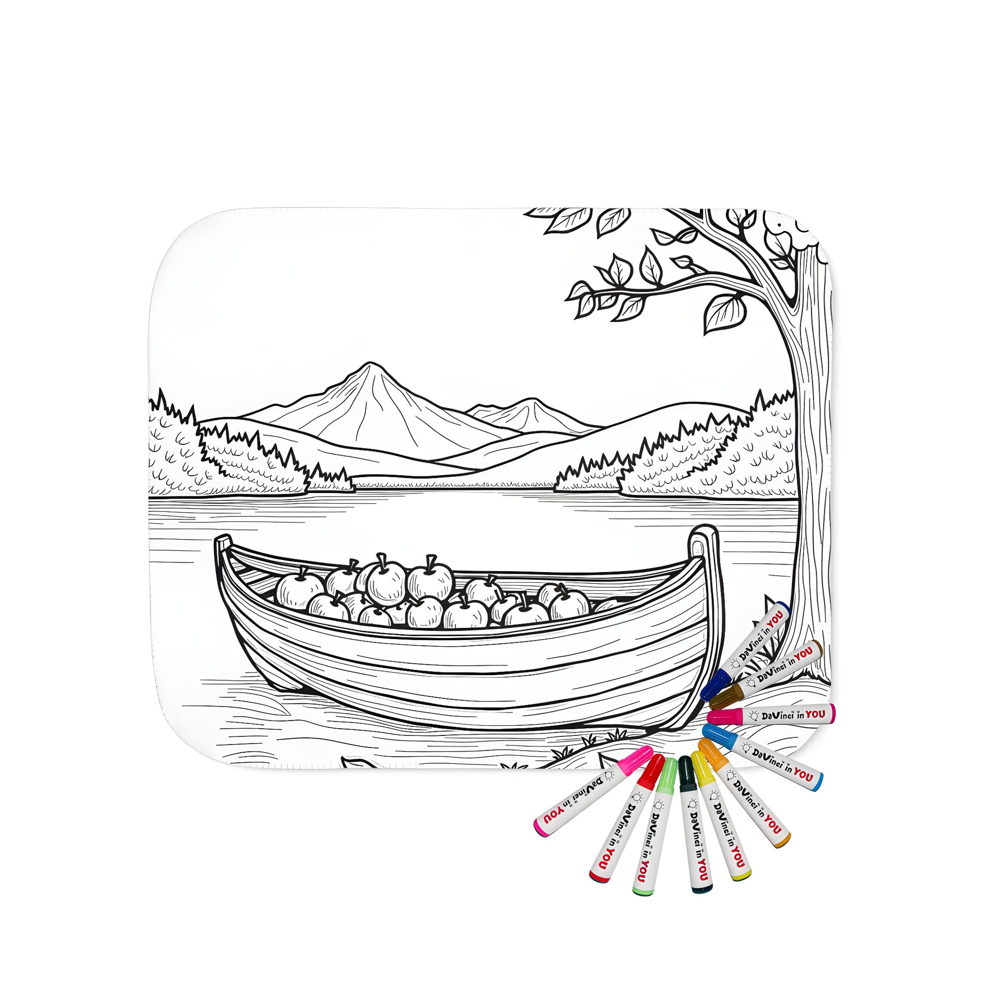 Serene lakeside scene blanket with boat and apples, colorful mountains