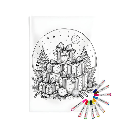 Christmas gifts, holiday decorations, cozy winter scene indoor wall tapestry with festive coloring pages and fabric markers