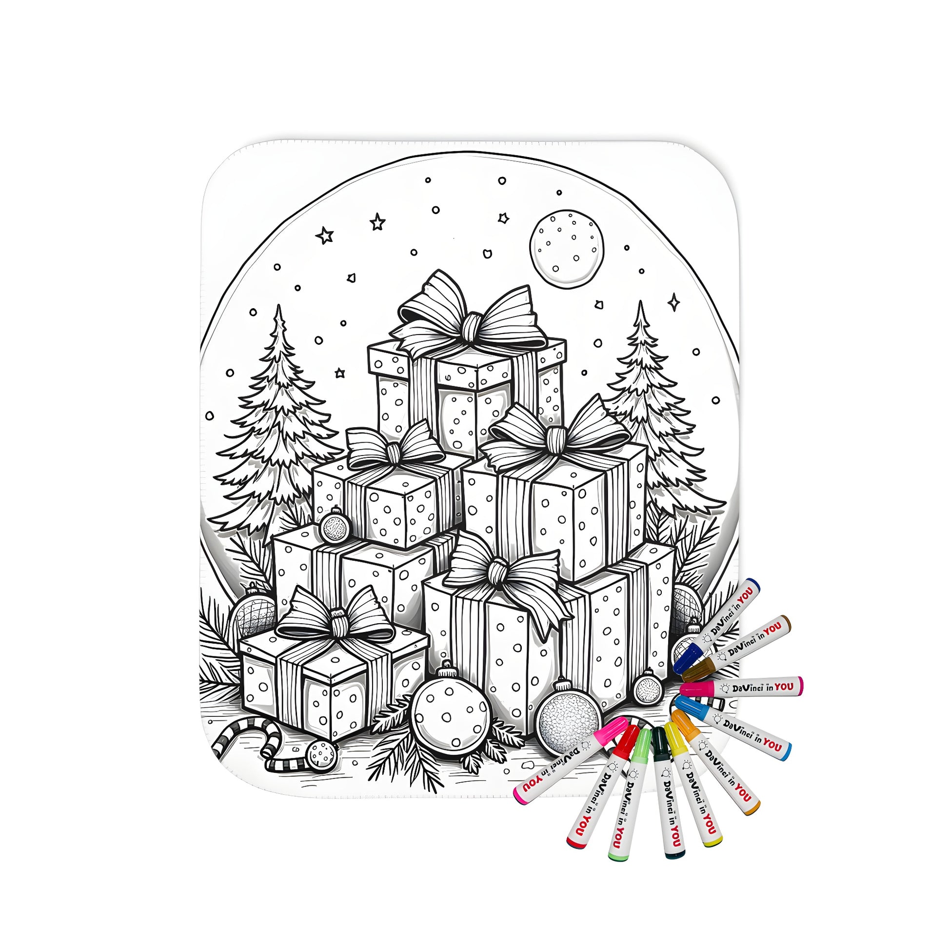 Christmas gift blanket with festive coloring page design, perfect for holiday decor or gifts. Holiday presents wrapped in bows and decorated with ornaments, candy canes, and pine trees on a cozy snowy background.